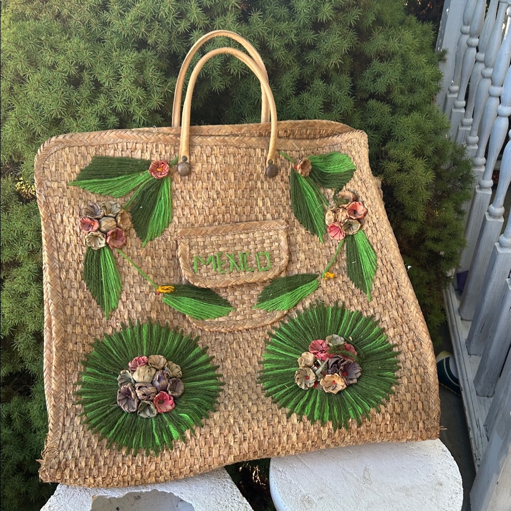Vintage Raffia Woven Straw Tote Boho Floral Bag